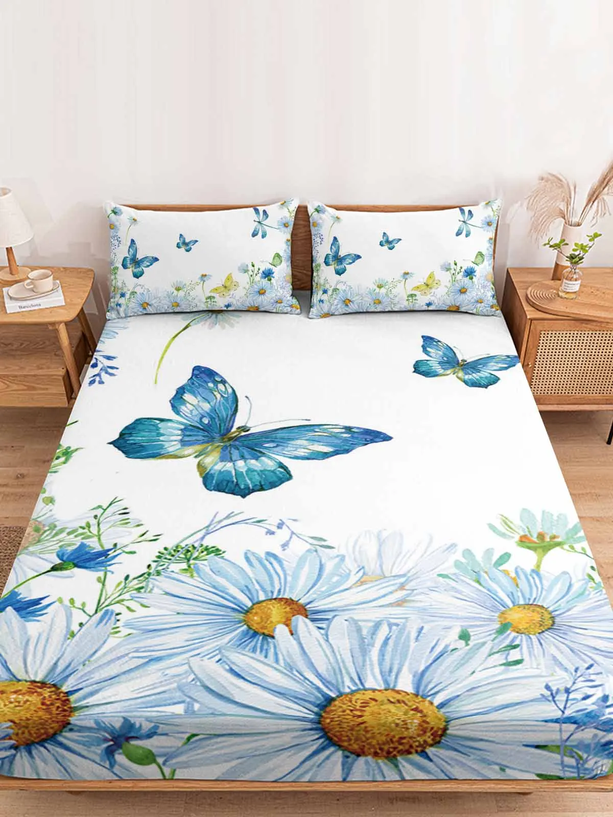 

Daisy Butterfly Dragonfly Flower Polyester Fitted Sheet Mattress Cover Four Corners Elastic Band Bed Sheet Pilllowcase