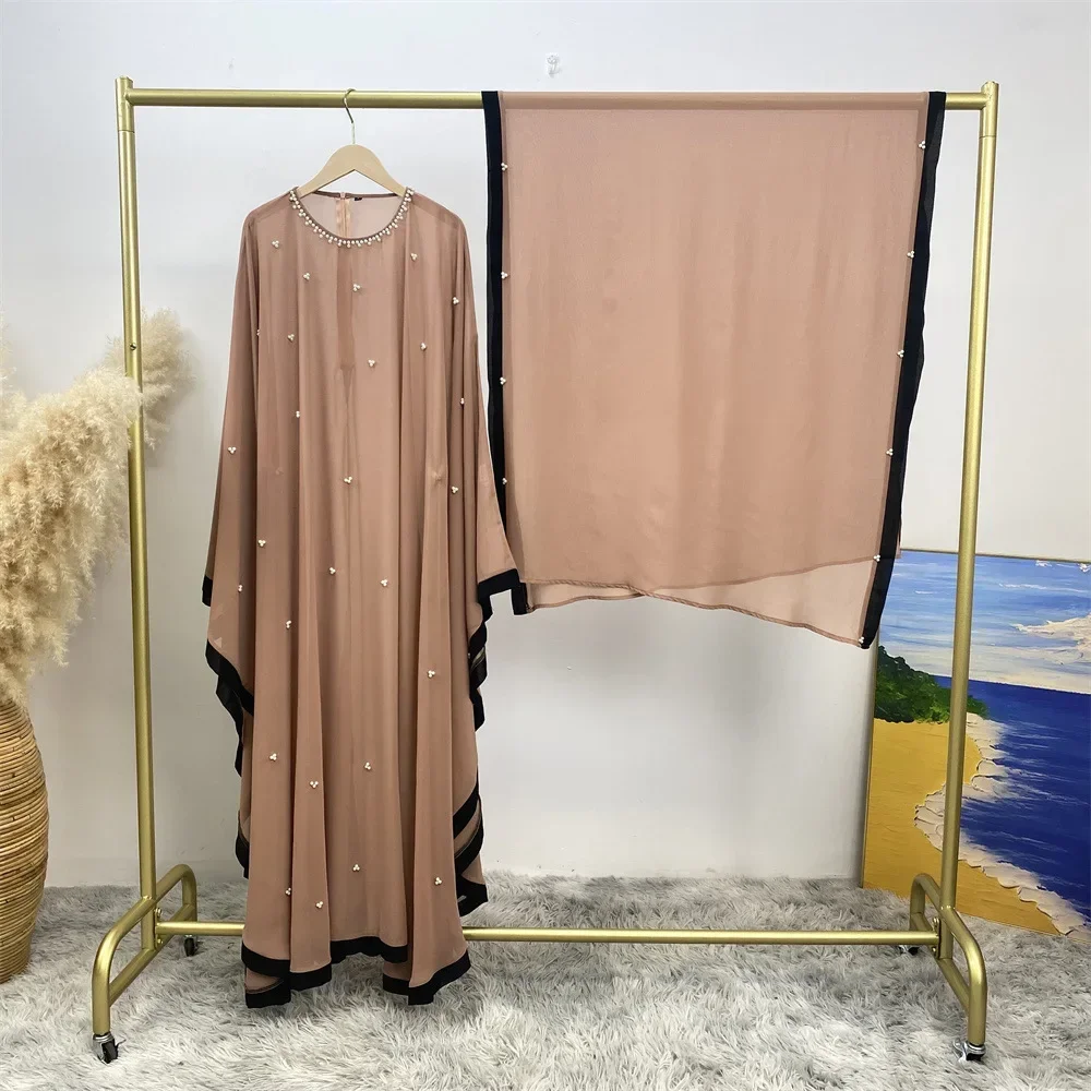 

Шифоновое платье с рукавами «летучая мышь» из бисера и шарфом для женщин, мусульманская Абая, Дубай, Турция, кафтан, Ид, Рамадан, халат, Джеллаба, Абаяс