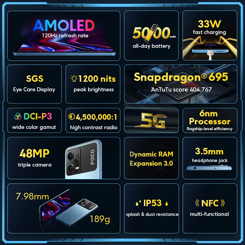 POCO-X5 الإصدار العالمي 5G الهاتف المحمول ، 120Hz AMOLED DotDisplay ، Snapdragon 695 ، NFC ، 33W الشحن السريع ، كاميرا 48MP ، 128GB ، 256GB