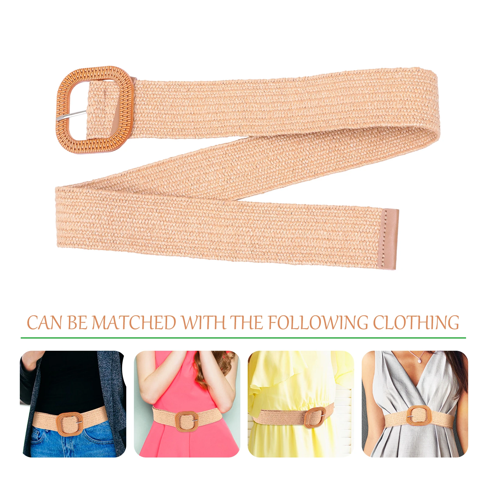 

Elastic Waist Belt Women Braided Fashionable Straw Casual Black Brown Fits Most Sizes Gift Simulated Woven Buckle Belts