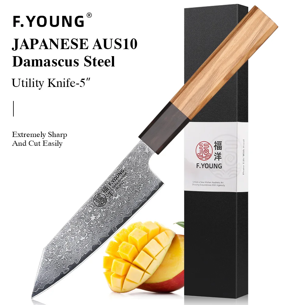 

F.YOUNG 5" Utility Knife Damascus Professional Chef Knife Kitchen Cut Fruit Vegetable Meat Japanese Hand Forged Cooking Tools