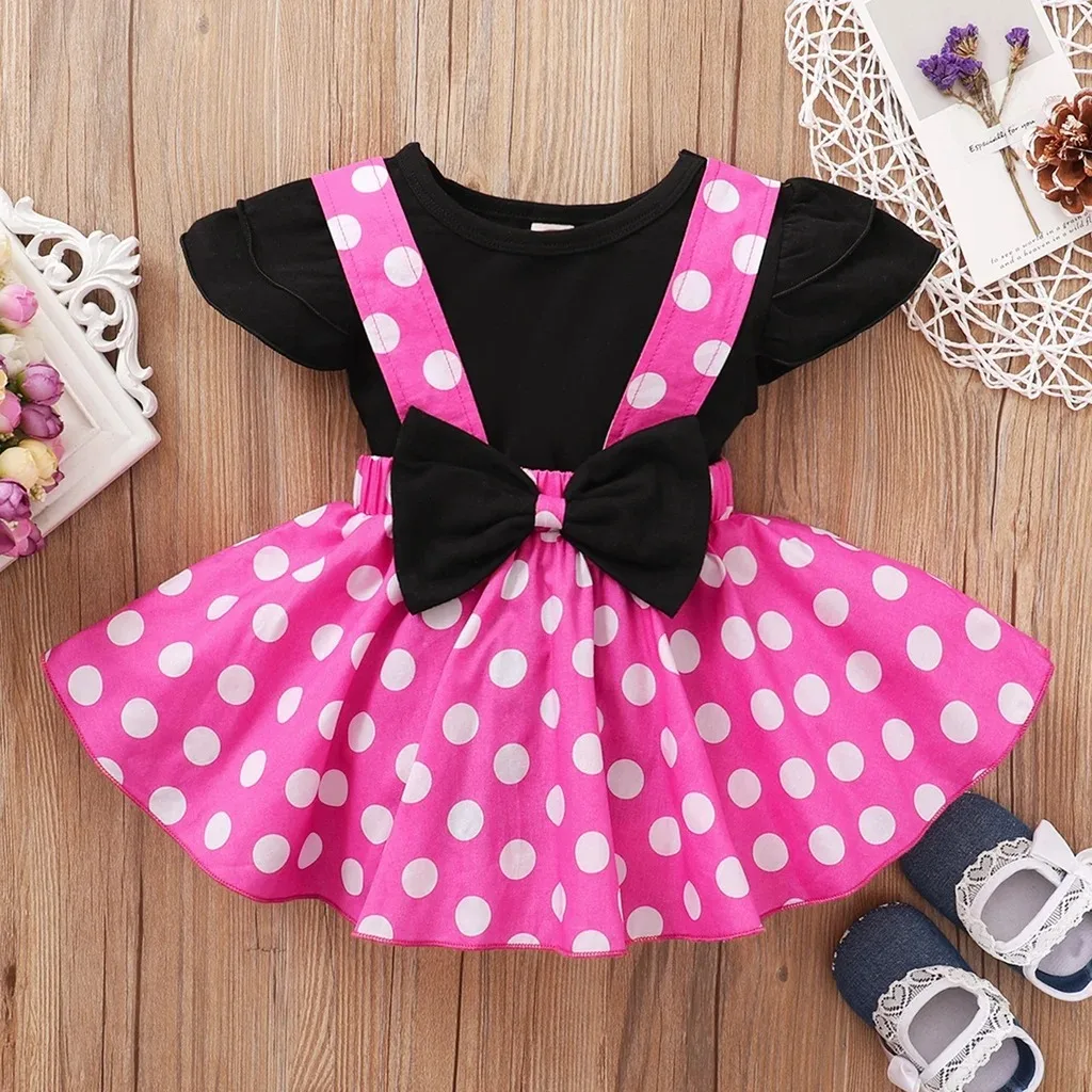 2PCS Summer Toddler Girls Cute Dress Set Short Sleeve Black T-shirt+Polka Dot Suspender Skirt Party Wear for Kid Girls 1-5 Years