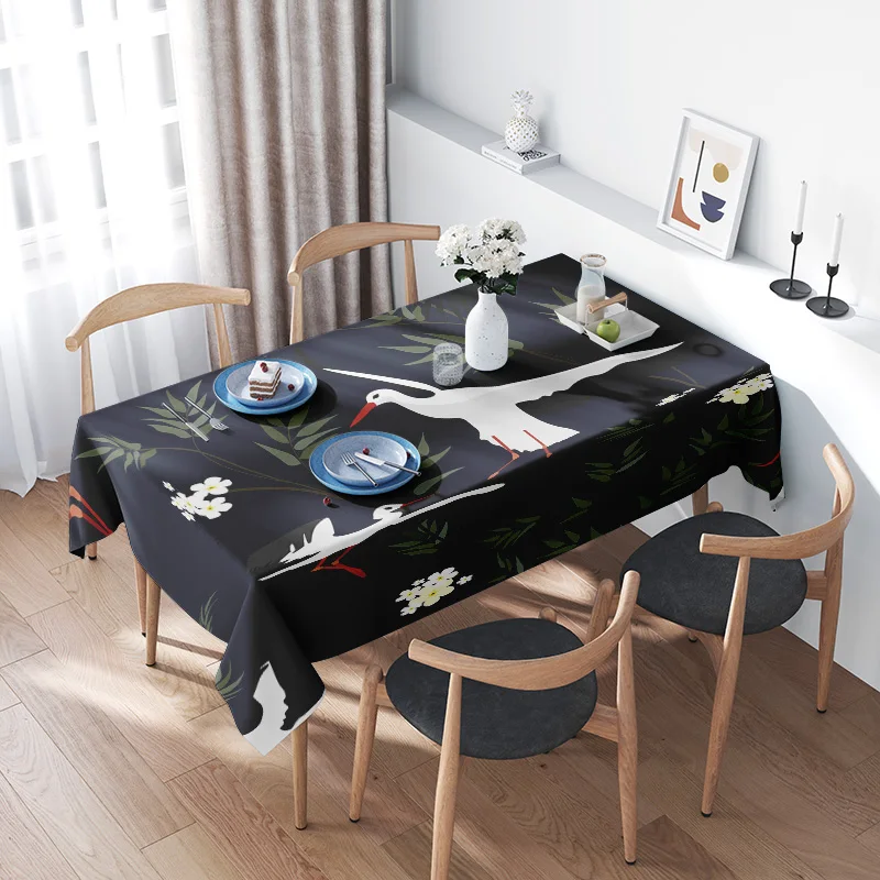 Crane Tablecloth Floral Design Black Polyester Dining Room Decoration Home Decor Rectangular Shrink-proof Blanket