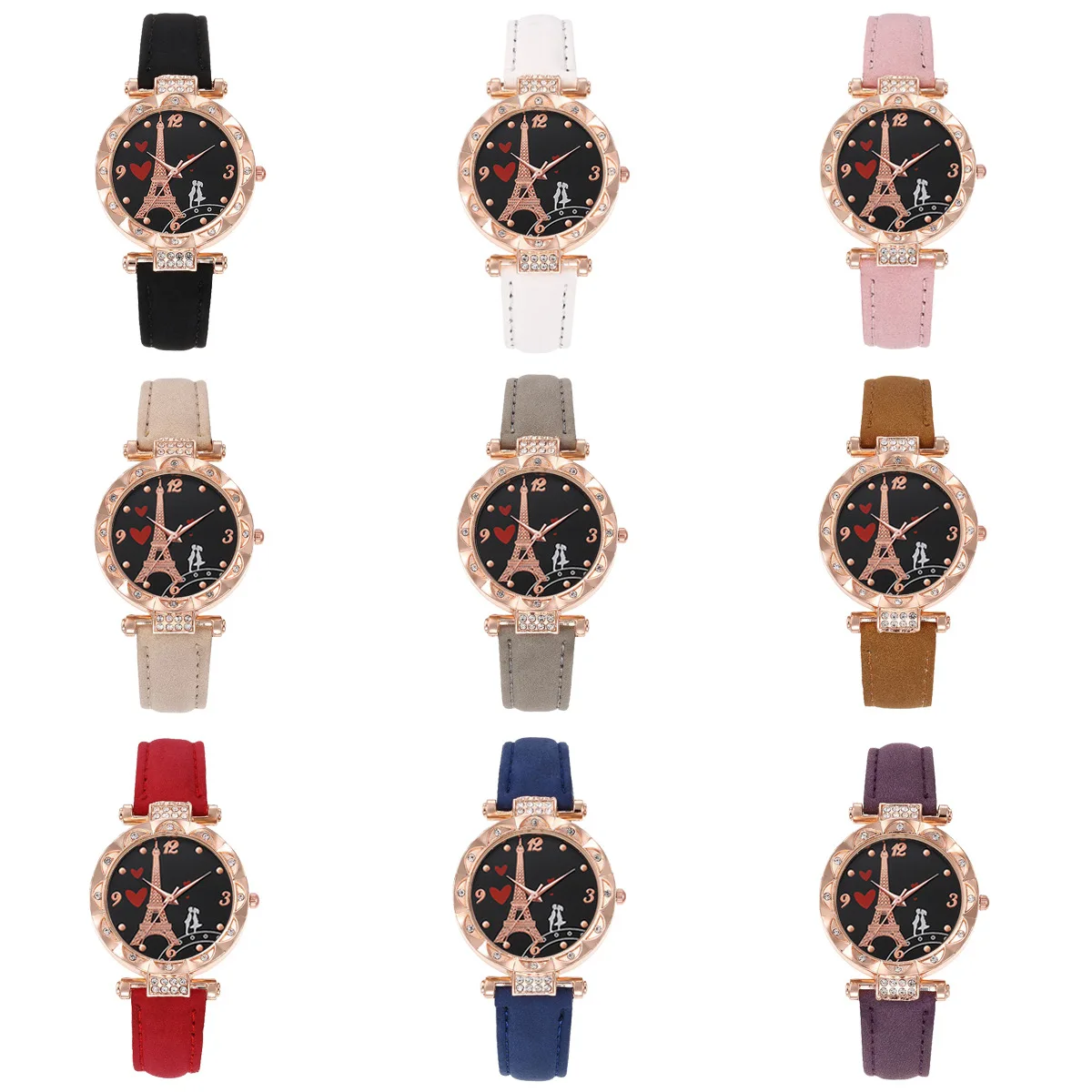

Women's Watch Cute Heart Eiffel Tower Quartz Watch Elegant Rhinestone Analog PU Leather Wrist Watch Valentines Gift For Her
