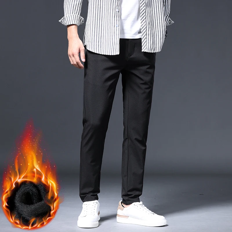 Thick Men's Casual Pants Winter New Slim Business Straight Trousers Velvet Warm Solid Color Fashion Classic Male Plush Trousers