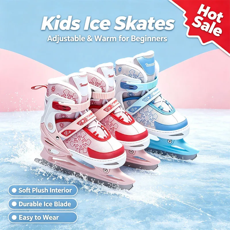 3‑Size Adjustable Figure Ice Skate Shoes Adjustable Kids Ice Skates for Girls Boys Warm Fleece Lined Ice Skating Boots