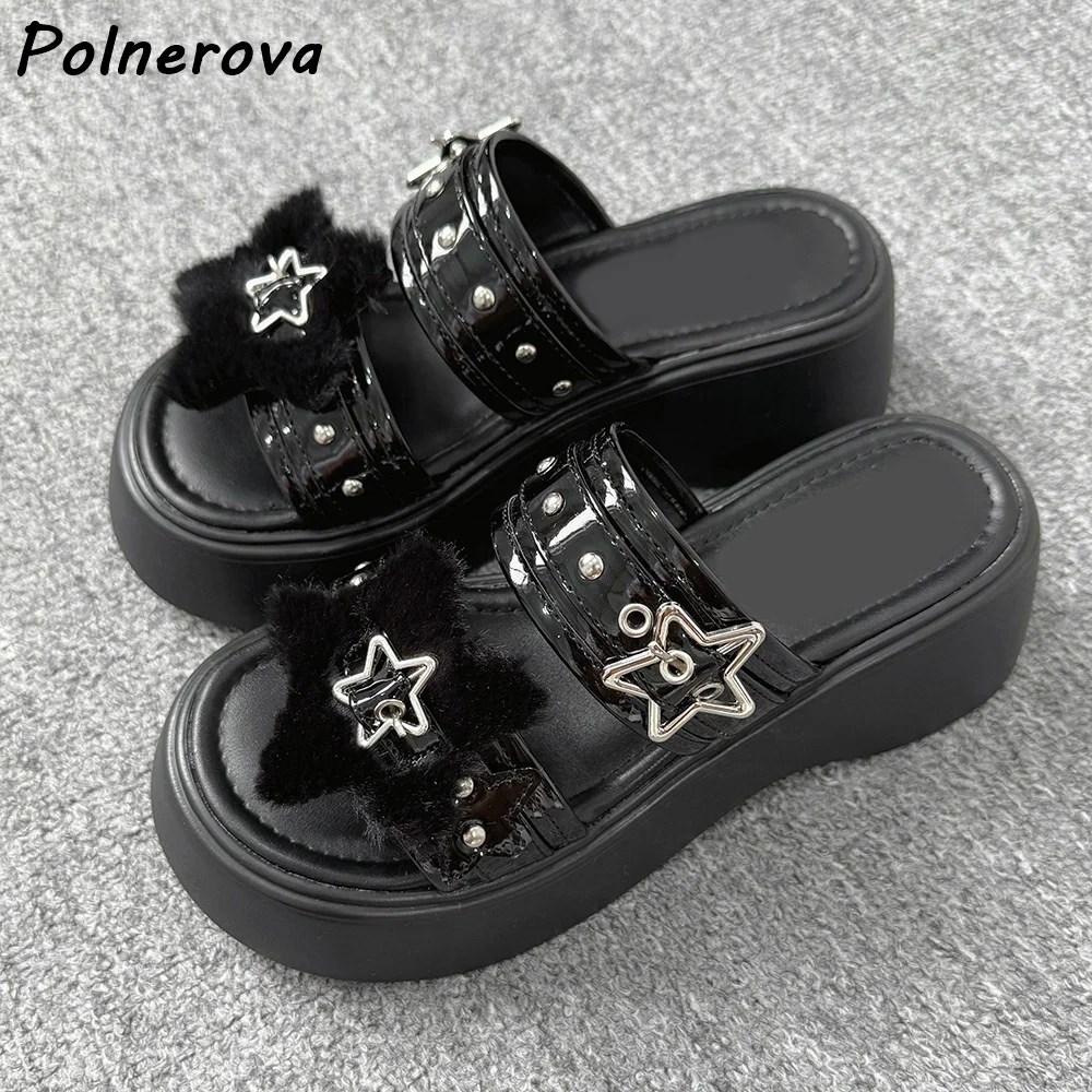 Fuzzy Star Studded Platform Slide Sandals Women Y2K Goth Punk Wedge Slippers Summer Round Toe Straight Strap Thick Soled Shoes
