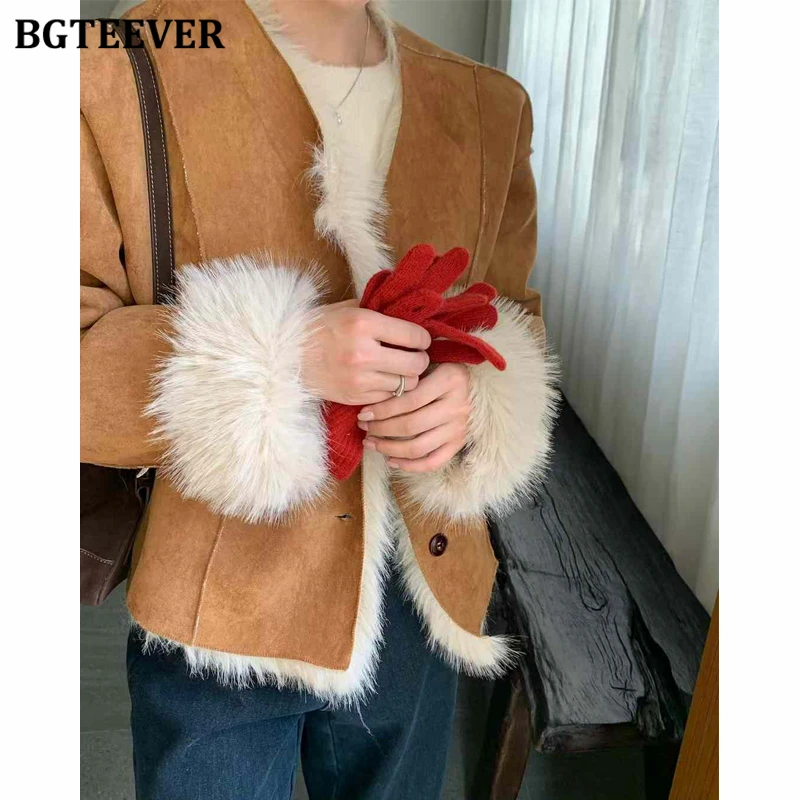 BGTEEVER Elegant Thicken Velvet Ladies Solid Warm Jackets Winter Fashion V-neck Long Sleeve Loose Female Single-breasted Coats