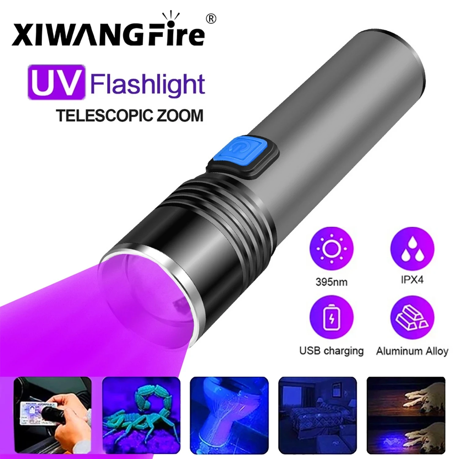 

395 нм ультрафиолетовый фонарик, черный свет, масштабируемый USB Перезаряжаемый ультрафиолетовый фонарик для зеркального полимера