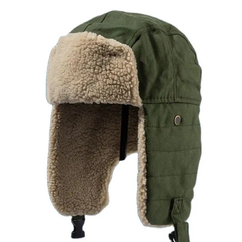 

MZ3425 Bomber Hat Thick Warm Lamb Wool Fleece Fur Lined Autumn Winter Hat Riding Windproof Earflap Cap Male Female Russian Hats