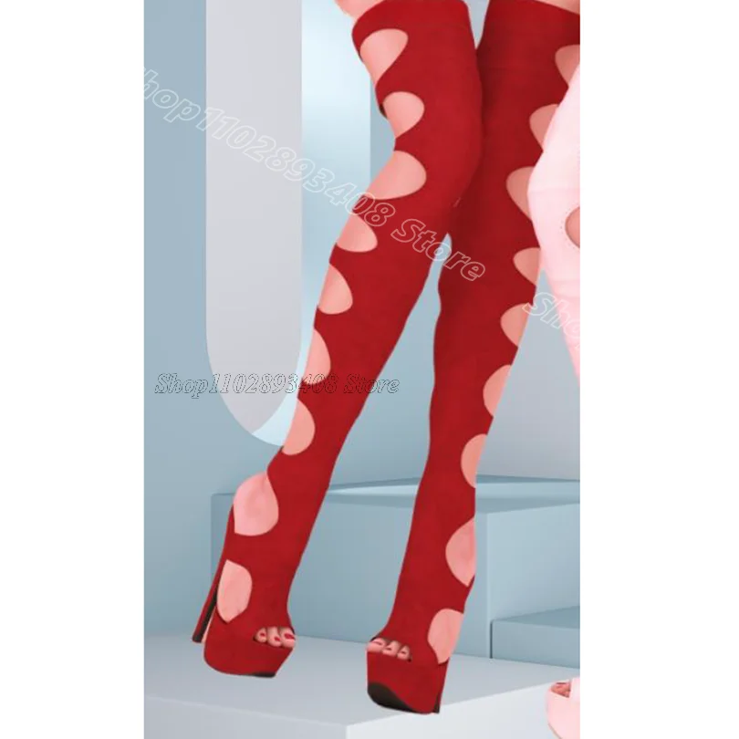 Red Hollow Sexy Sandal Boots Stiletto Heels British Style Spring Fashion Women Dance Summer Over Knee Boots Zapatos Para Mujere