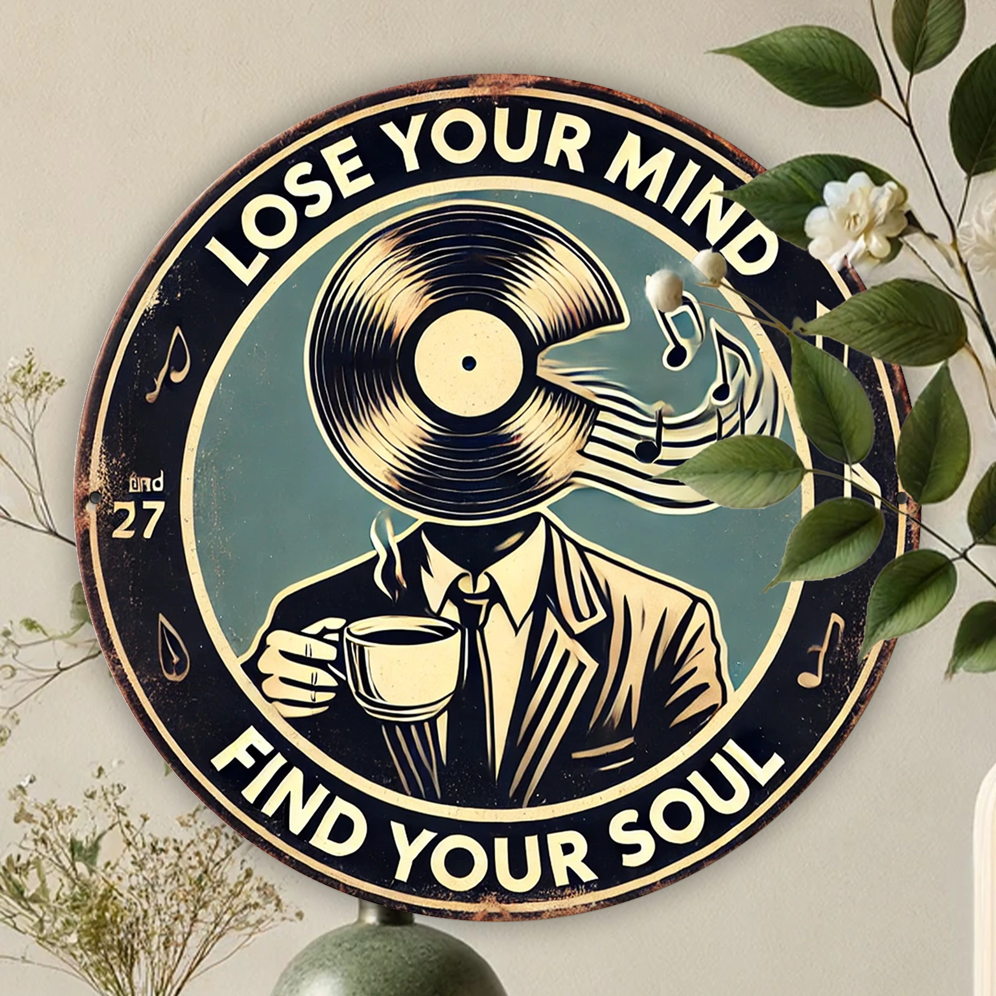 Vinyl Record Head Coffee Retro Music Wall Plaque 2D flat Round Metal Tin Sign Music Lover Indoor Wall Decor Gift 20x20cm