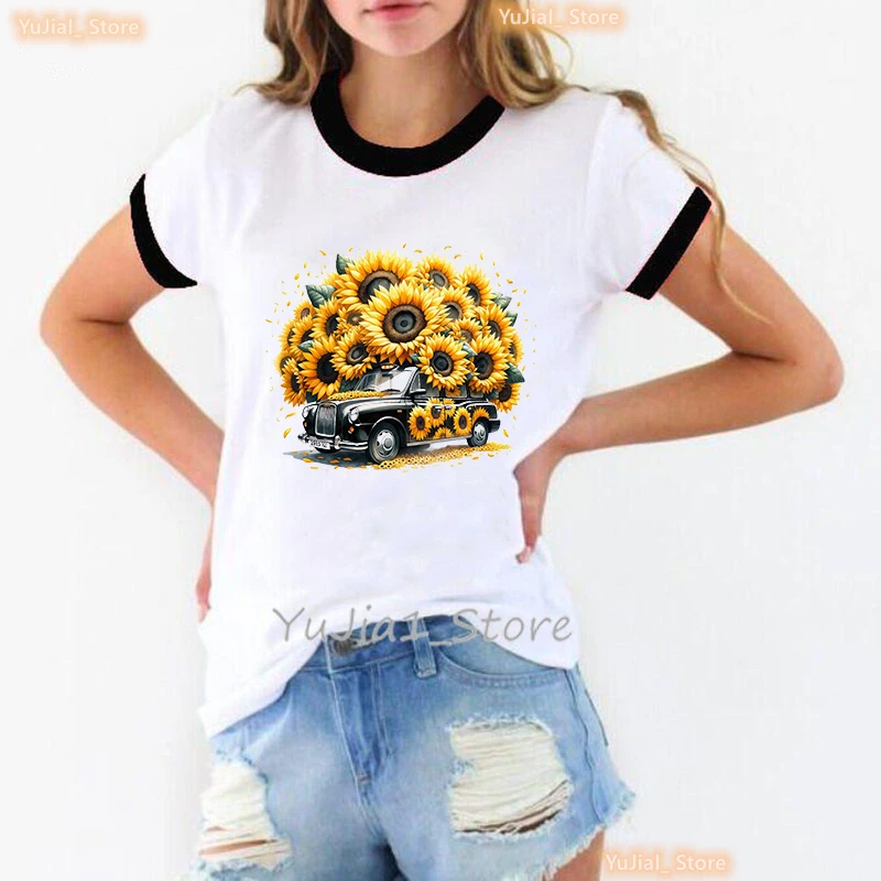 2024 Hot Sale Car Flowers Printed T Shirt Girls Summer Fashion Tshirt Women White Casual  T-Shirt Femme Harajuku Shirt