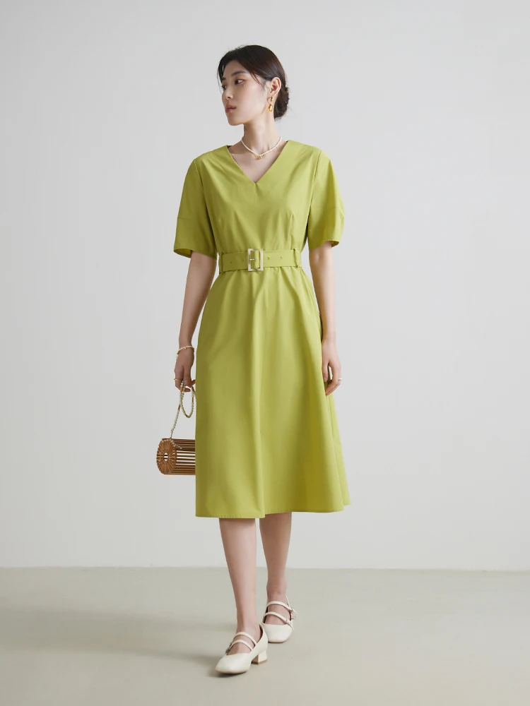 DUSHU【2 Colors】V-Neck Front Shoulder Women Green Long A-LINE Skirts Belt Design Office Lady Solid Summer Long Dress 24DS82009