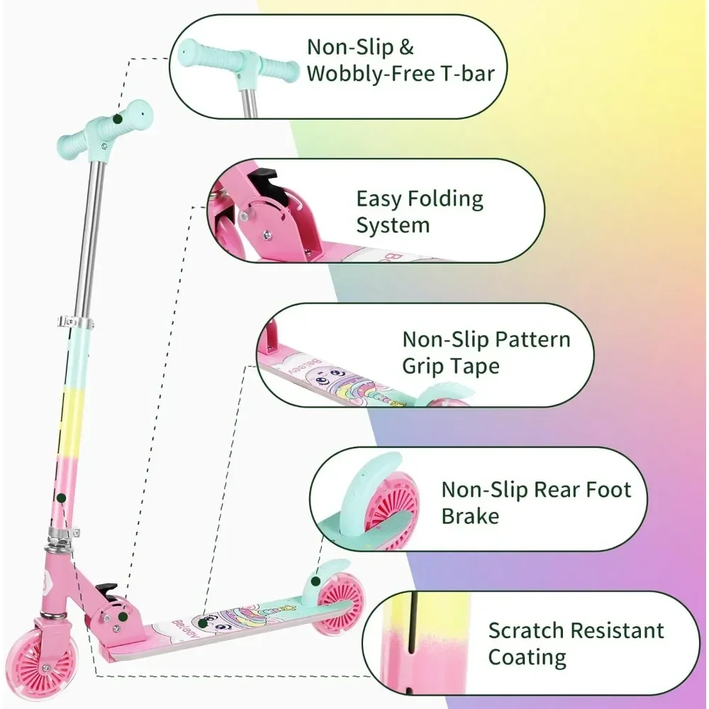 tt Scooters for Kids with Light-Up Wheels & Stem & Deck, 2 Wheel Folding Scooter for Girls Boys, 3 Adjustable Height, Non-Slip