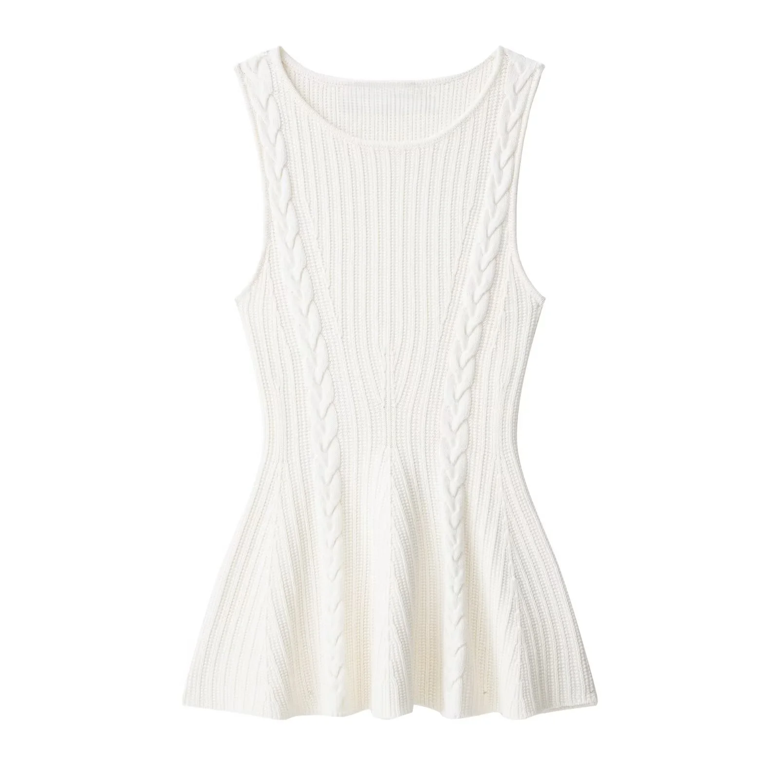 

MYST&ZA2025 Summer New Women's Solid Color Chic Cable Knit Short Skirt Hem Round Neck Sleeveless Top