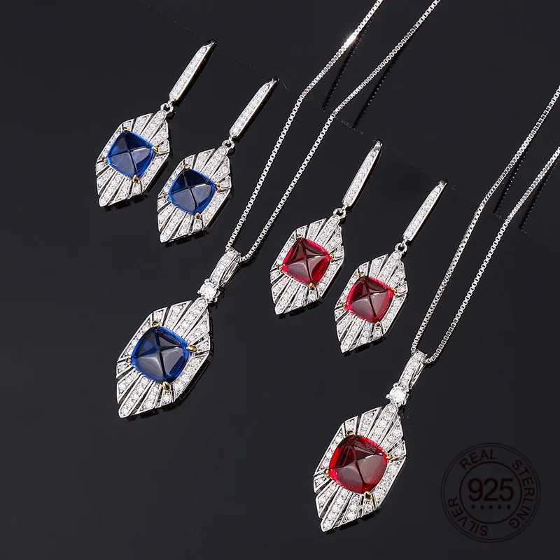 

Square Shape Red Ruby Blue Sapphire Cubic Zircon Square e Pendant Necklace Hook Earrings 925 Sterling Silver Jewelry Set