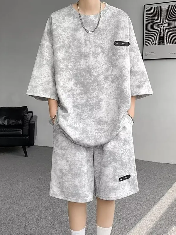 

Hong Kong Sle Men's Oversized Sportswear Set Dyeing Ice Silk round Ne T-irt orts Casual Summer Outfit for Teens