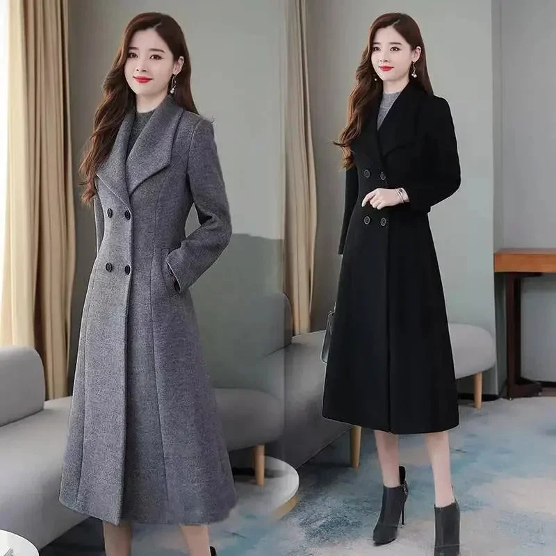 

Autumn Winter Women Woolen Jacket New Style Fashion Long Wool Blends Coat Double-breasted Thicken Coat A411