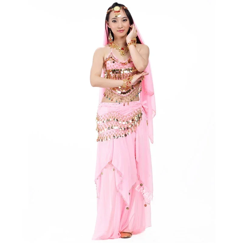 Indian Costume Set 4-pieces Belly Dance Veil Top Coins Hip Scarf Skirt Belly Dance Costume Women