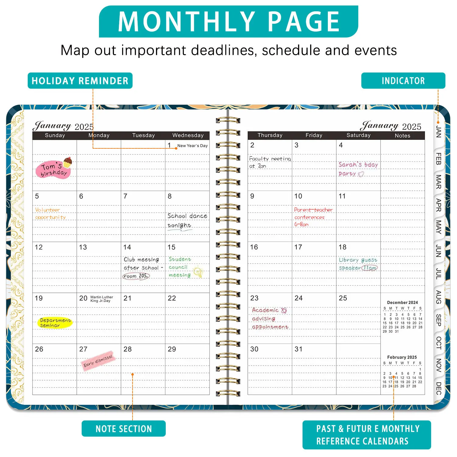 71sheets 2024-2025 Floral Monthly Weekly Planner Agenda A5 Notebook Planner Calendar Schedules Stationery School Office Supplies