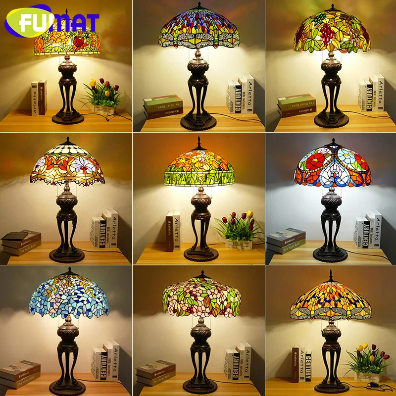 

FUMAT Tiffany style stained glass antique retro desk lamp for warm bedroom bedside table lamp living room hotel villa LED decor