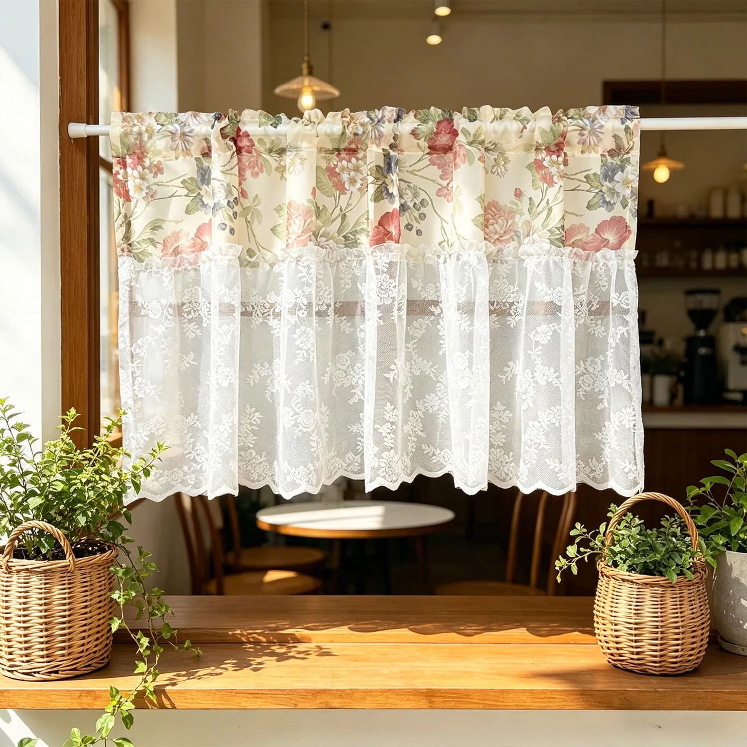 French Country Floral Sheer Curtains, Lace Patchwork Short Curtains for Kitchen Window, Balcony, Terrace, Cafe, Doorway Curtains