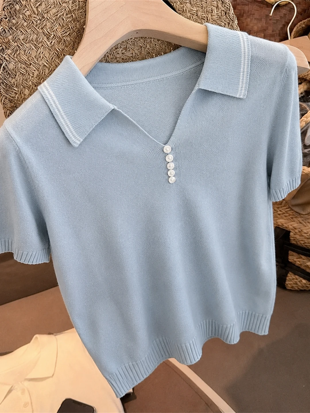 

Elegant Ladylike Ice Silk Knitted Top Casual Short Sleeve Overhead Summer Fashion Knitwear Straight Cut Korean Style Commute