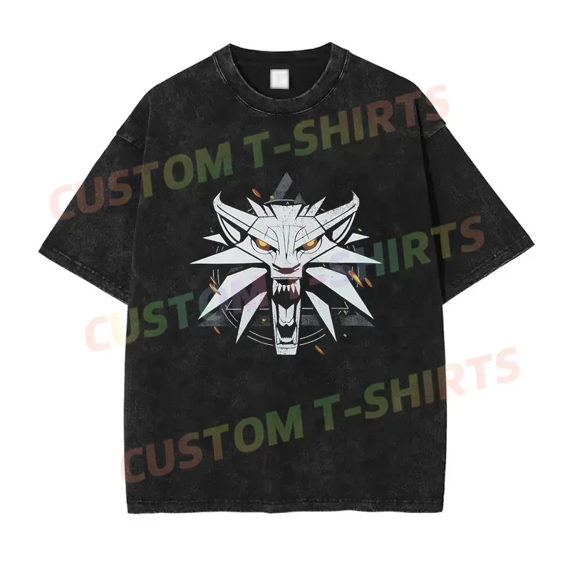 

2024 Summer Vintage Cotton Washed Medallion Black By The Witchers Loose T Shirts Men Y2K Hip Hop Top Tee