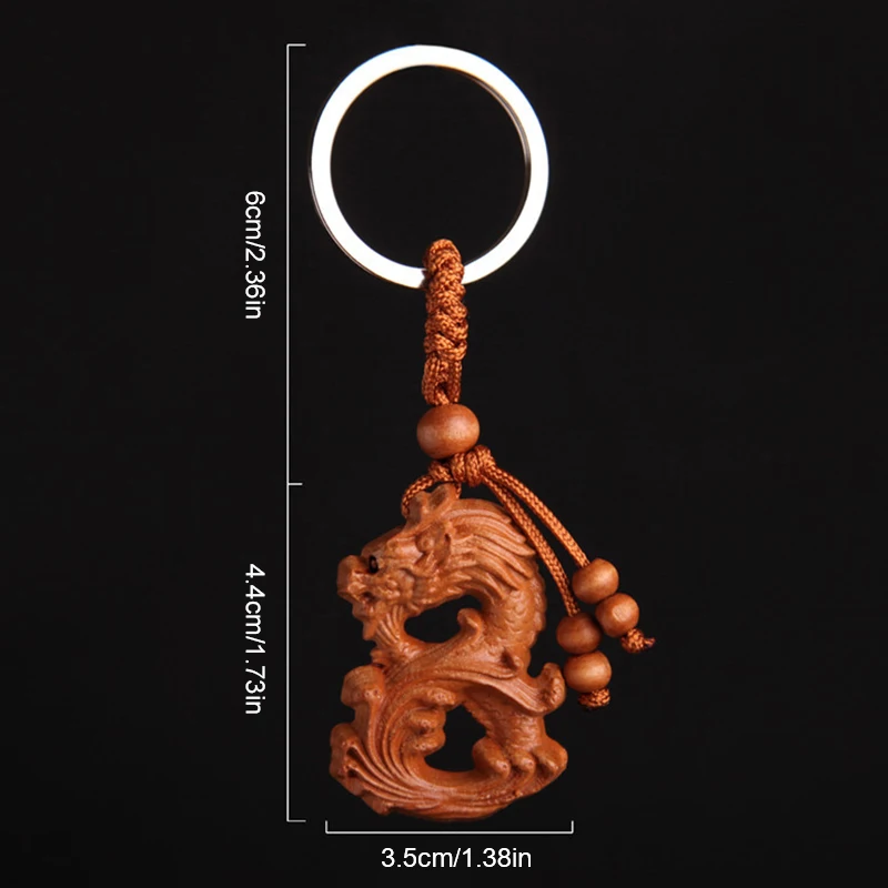 Chinese Style Keychain Peach Wood Zodiac Dragon Keychain Wood Carving Pendant Car Key Backpack Decoration Good Luck Amulet