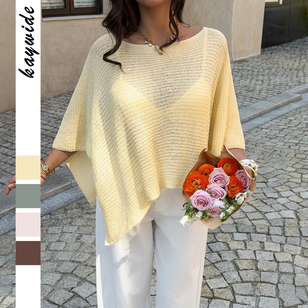 Women's Casual Sexy Loose Color T-shirt Top Cleanfit Style Polyester Fabric Bell Sleeve Mid-Length Pure Color Fashion