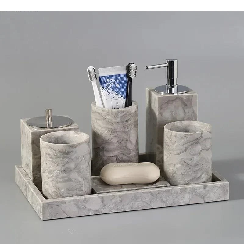 Marble Toiletry Set Cotton Swab Box Mouth Cup Soap Dispenser Five-piece Home Bathroom Accessories Tissue
