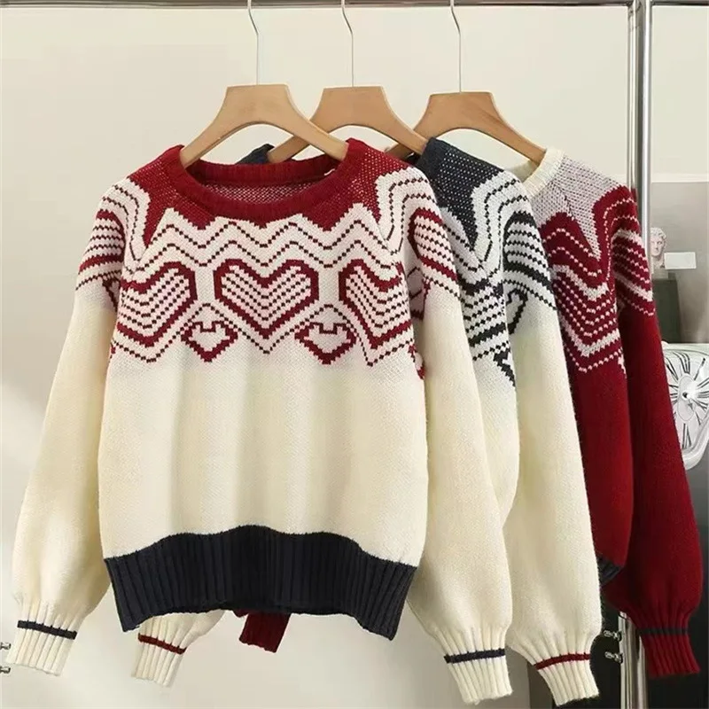 Contrast Color Love Retro Jacquard Sweater Women's Winter New Korean Edition Lazy Loose Round Neck Knit