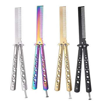 Faltbarer Kamm aus Edelstahl, Übungstraining, Schmetterlingsmesser, Kamm, Bart, Schnurrbart, Bürste, Salon, Friseur, Haarstyling-Werkzeug