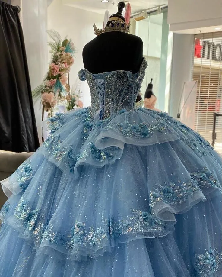 Light Blue Fairy Princess Quinceanera Dresses Ruffles Sparkly Train Applique Boning vestidos de quinceañera de lujo Sweet 15