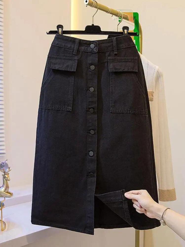 

Fashion Autumn Black Denim Skirt Women High Waist Single-Breasted Front Slit Jean Skirts With Pockets Oversized A-E Vintage