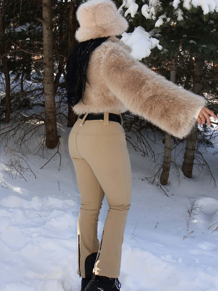 Women's Slim-fit One-piece Ski Suit Faux Fur Stand Collar Jacket Flared Legs Windproof Waterproof Winter New Lady Sport Skiwears