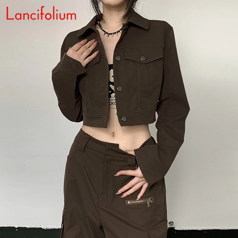 

Streetwear Crop Top Jacket Sexy Long Sleeve Collared Decorative Pocket BF Y2k Vintage Chic Baggy Jacket Spring Fall Women 2023