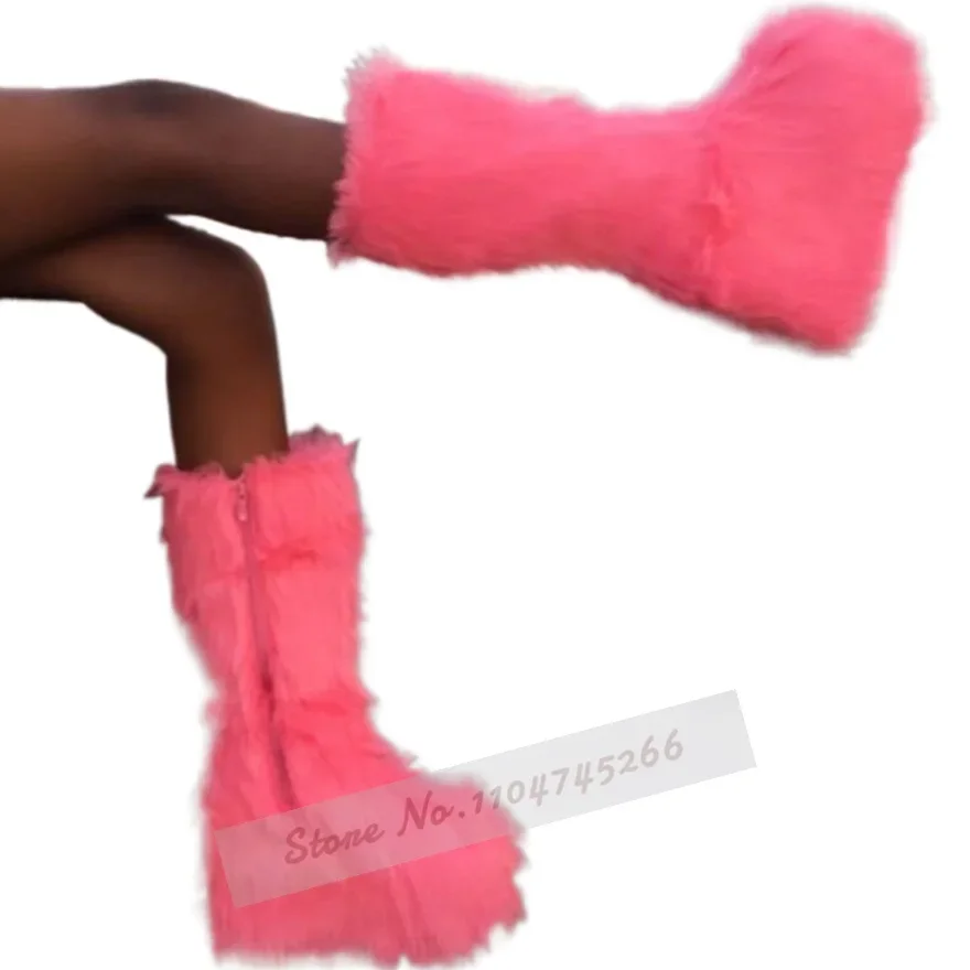 

Женские милые розовые меховые ботинки до середины икры на танкетке, милые пушистые плюшевые ботинки на платформе, теплая обувь на мягком меху на молнии, осень-зима