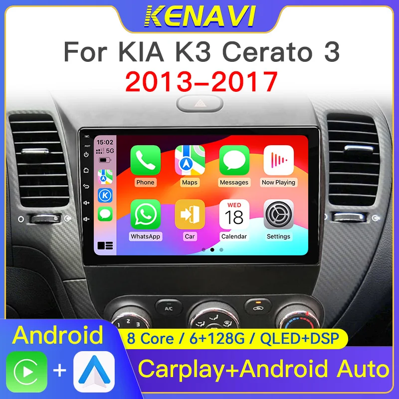 Rádio Automotivo Multimídia 2 Din Android com Reprodutor de Vídeo para Kia K3 Cerato 3 Forte 2013-2017, Navegação GPS, Carplay, 2 din, Sem DVD