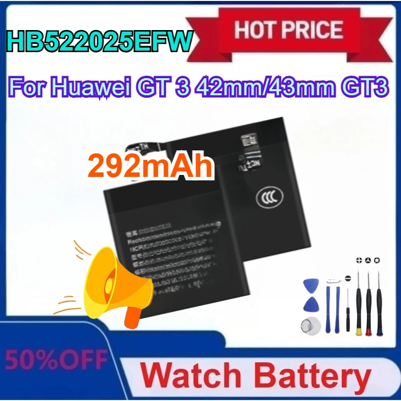 

New HB522025EFW 292mAh Replacement Watch Battery For Huawei GT 3 42mm/43mm GT3 Smart watch with Tools