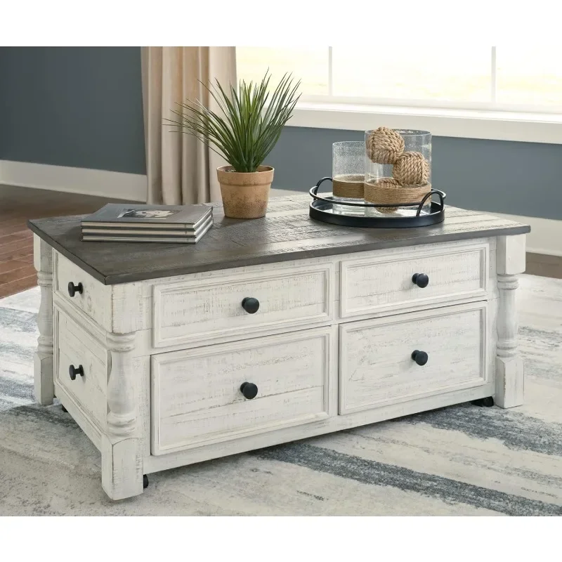 Farmhouse Lift Top Coffee Table Drawers and Small Storage Tray