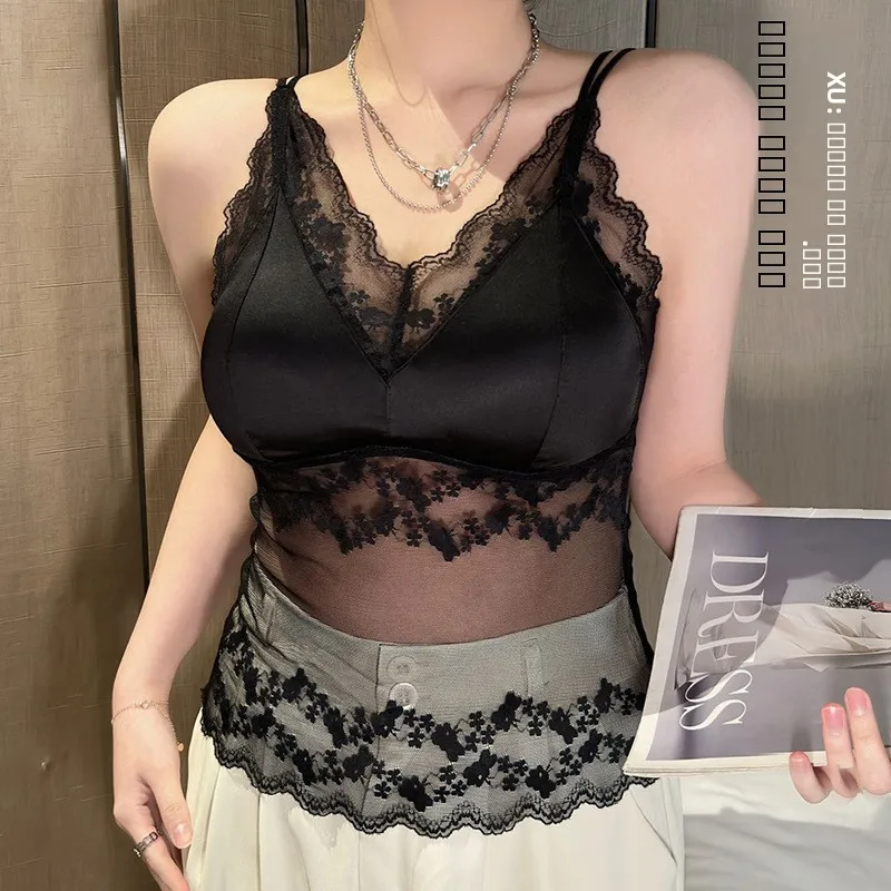 French Sle Lace Bal Strap Vest Built-In Chest Pad Gathered Anti-Light Inteated Large Size Underwear Women's Faion