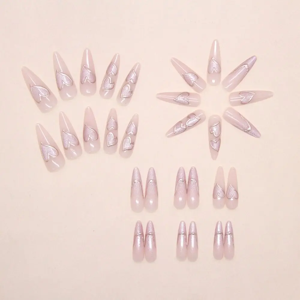 30 個ロングアーモンド小剣付け爪フレンチスパークリングラインストーンプレス爪パープルラブハート取り外し可能なフレンチネイルチップ