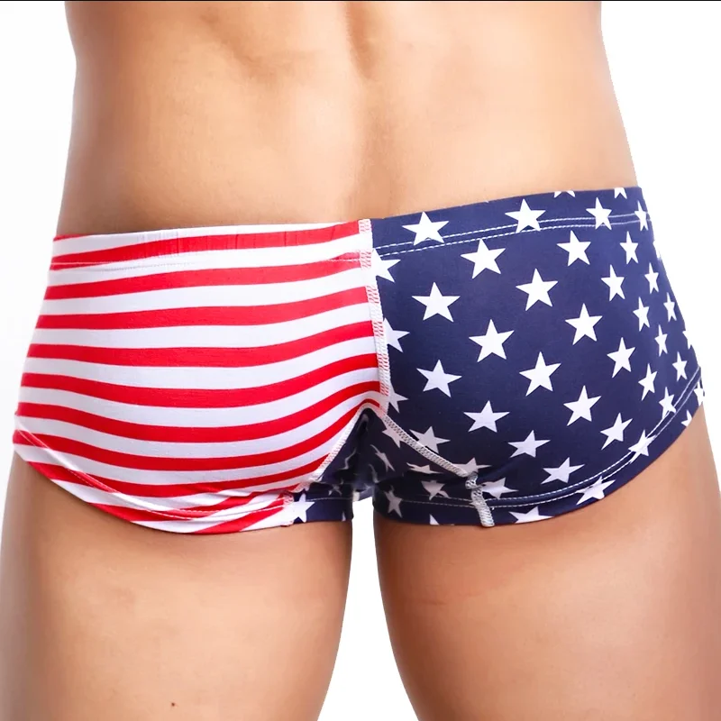 Men's Stars and Stripes Pattern Printing Big Pouch Boxers Shorts Fashion Low Rise Breathable Panties Sexy Gay Sissy Lingeries