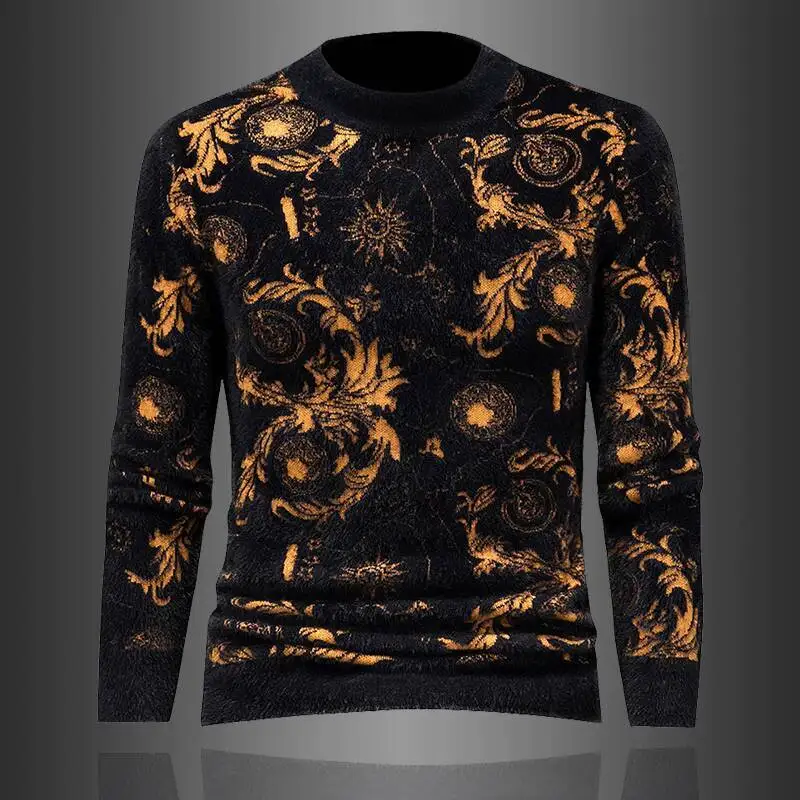 Jacquard Mink Fleece Contrast Color Clothing Thicken Vintage Graphic Print Long Sleeve Slim Pullover Sweater Social Streetwear