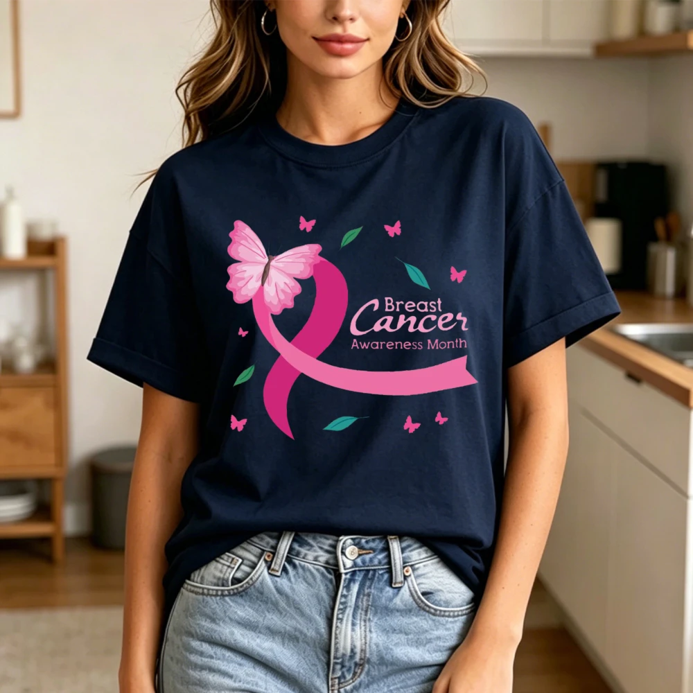 T-shirt en coton pour femme, motif papillon et ruban rose, sensibilisation au cancer du sein, thème caritatif, manches courtes, nouvelle collection été