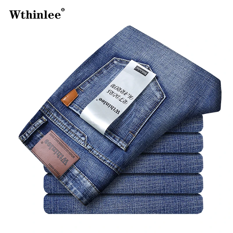 

Business Men's Jeans Casual Straight Stretch Fashion Classic Blue Work Denim Trousers Male WTHINLEE Brand Clothing Size 28-40