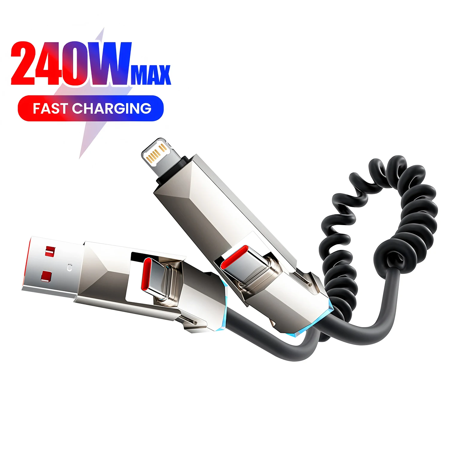 

4 in 1 240W Car Spring Type C Cable For iPhone 16 15 Xiaomi Samsung PD Fast Charging For Macbook iPad Type C to Type C Cable