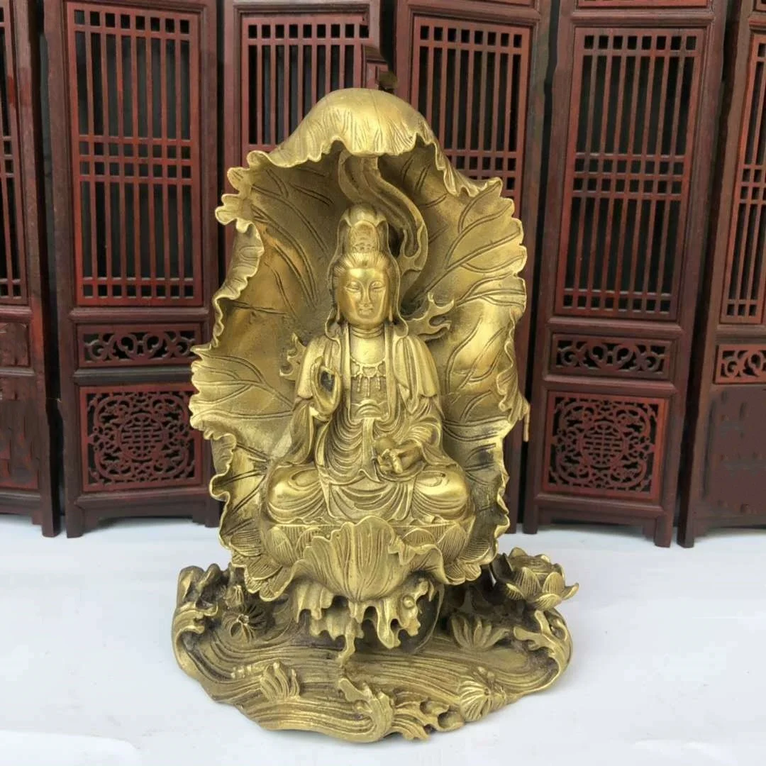 Chinese Collection Nice Art Work Bronze Copper Statue Hand Carved Lotus Kwanyin Guanyin